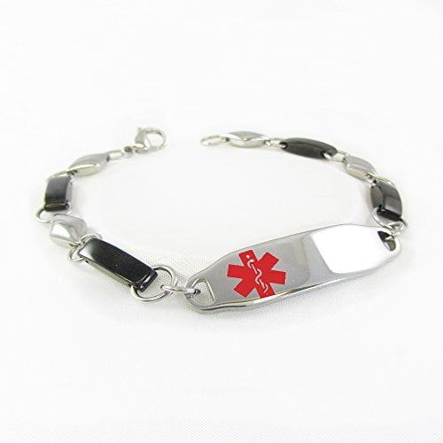 Pre-Engraved & Customized Latex Allergy Womens Medical Alert Bracelet White My Identity Doctor Steel & Black Hearts 